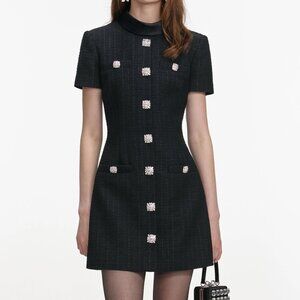 self-portrait Black Boucle Collared Mini Dress